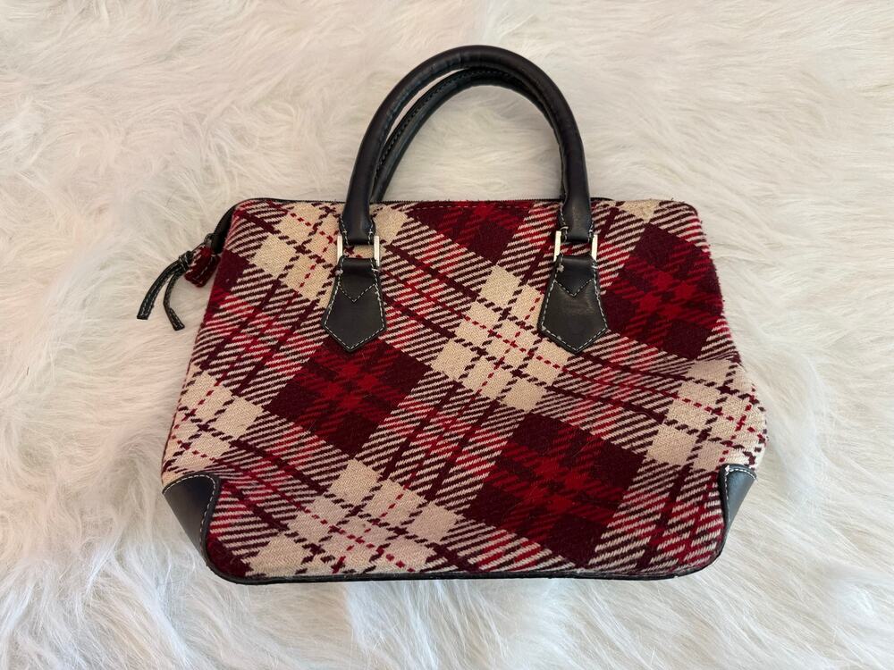 Vintage Red Burgundy Plaid Tartan Satchel Top Handle Handbag Purse